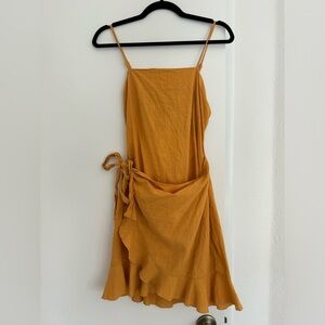 Golden Faux Wrap Dress with Front Tie, Back Tie and Open Back